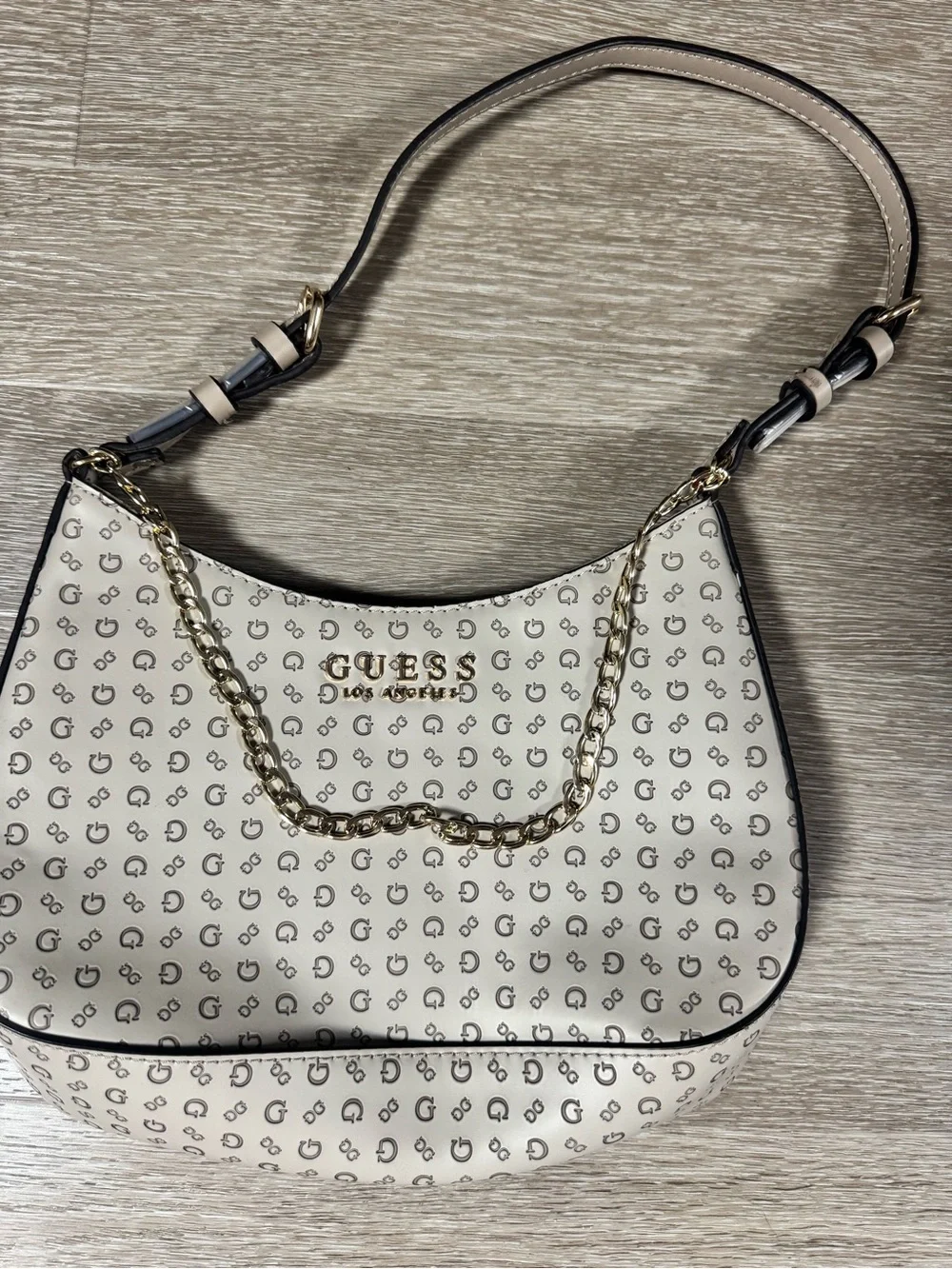 GUESS Cream Logo Hobo with Gold Chain Accent
